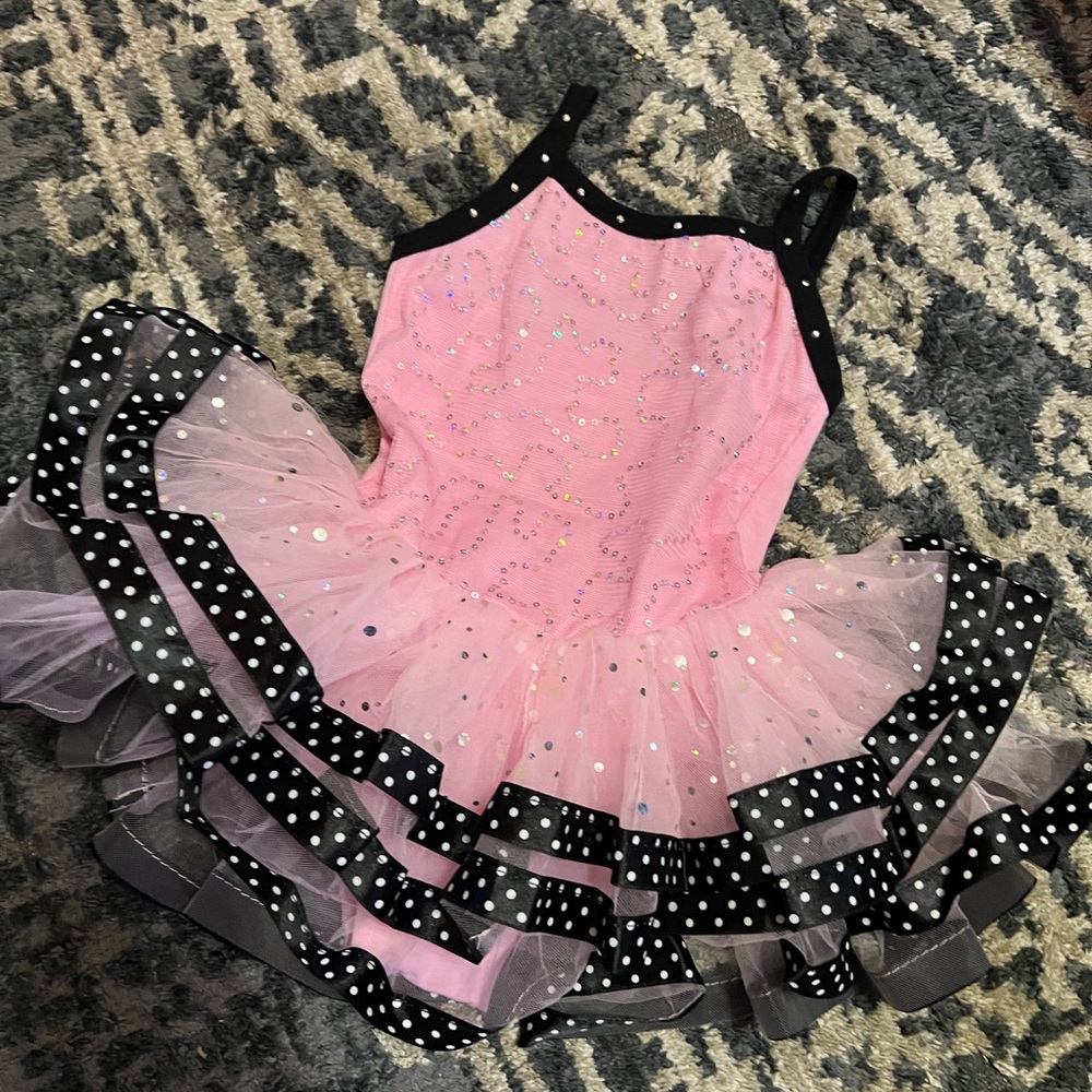 Gently Used Popatu Pink Sequin Tutu with Black Polka Dot Trim
